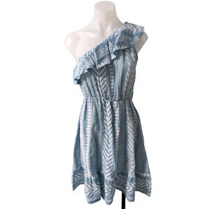 New Valentina Naldi Size Medium One Shoulder Ruffle Dress Blue Linen Chevron
